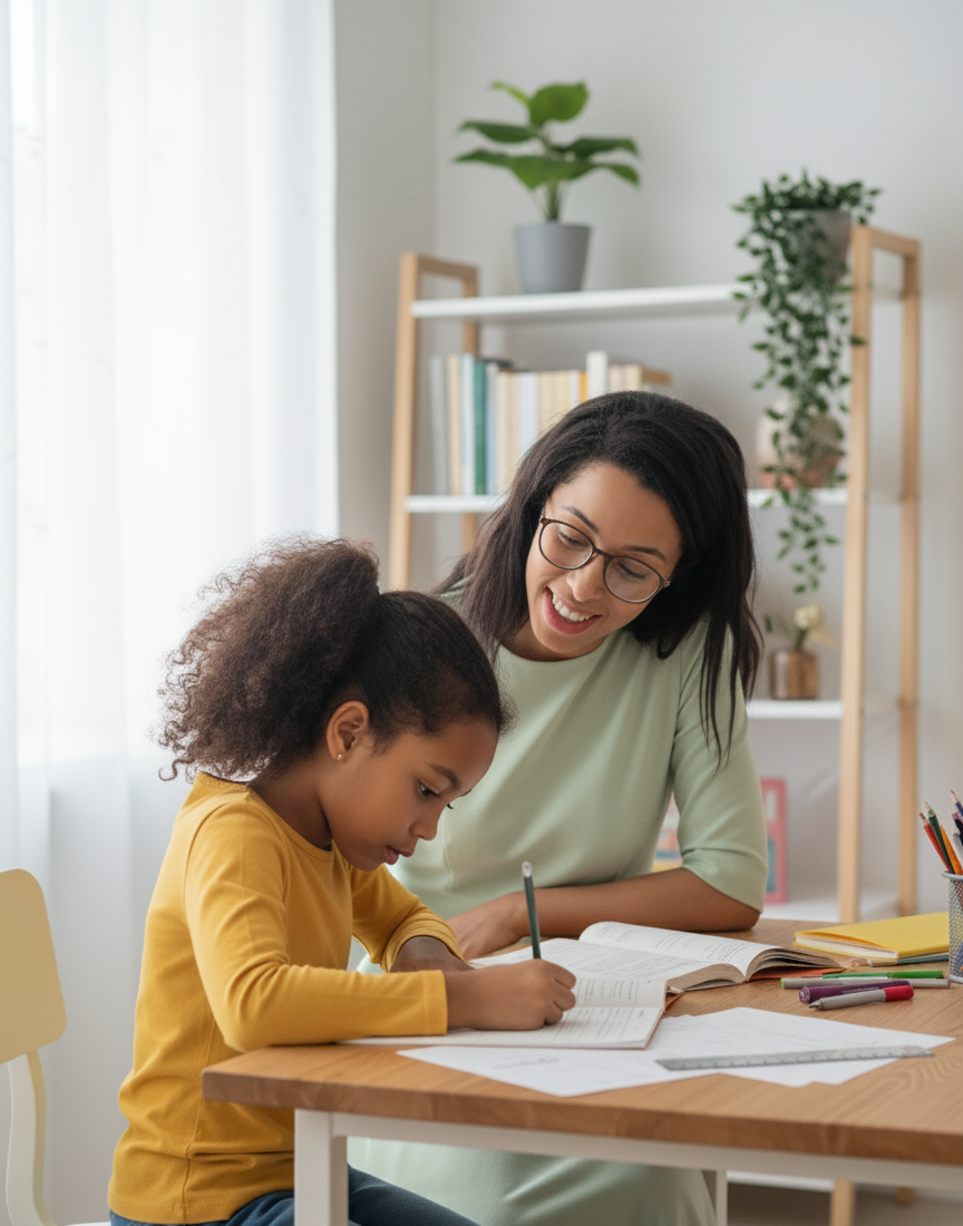Motivated female teacher helping a child with homework at a desk